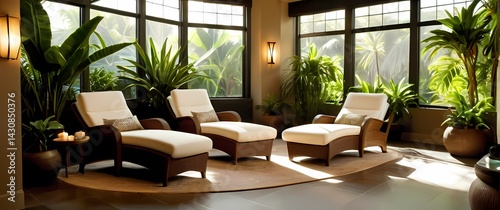 Obraz na płótnie Spa retreat corner featuring comfy lounge chairs and lush tropical potted plants bathed in natural daylight w salonie