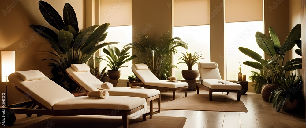 Spa relaxation corner bathed in soft daylight with rows of cozy beige chairs and exotic tropical plants in the background