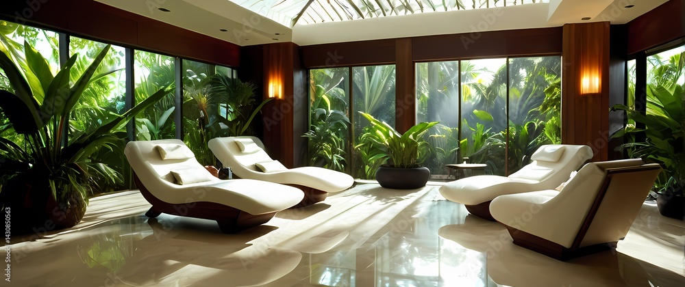 Spa lounge with white cushioned chairs overlooking tropical plants bathed in gentle daylight streaming in