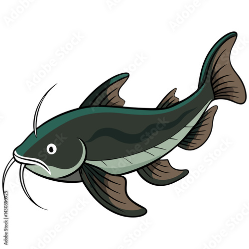 Vector illustration of a dark green catfish with barbels and fins, suitable for fishing, wildlife, or aquatic-themed content