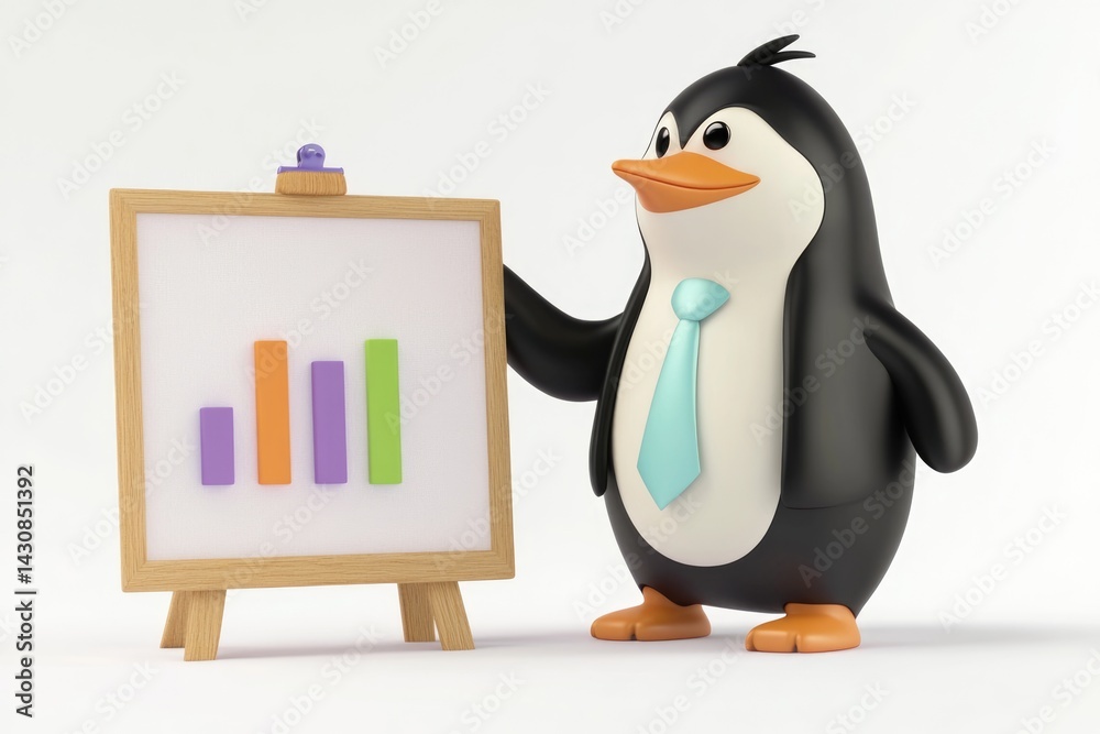 Obraz premium A cartoon penguin in a tie presents a bar graph on a small easel.