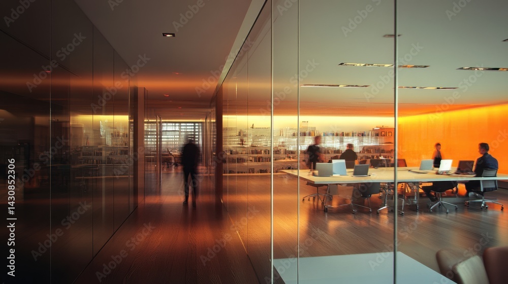 A modern office with warm lighting shows people working and walking through glass-walled spaces