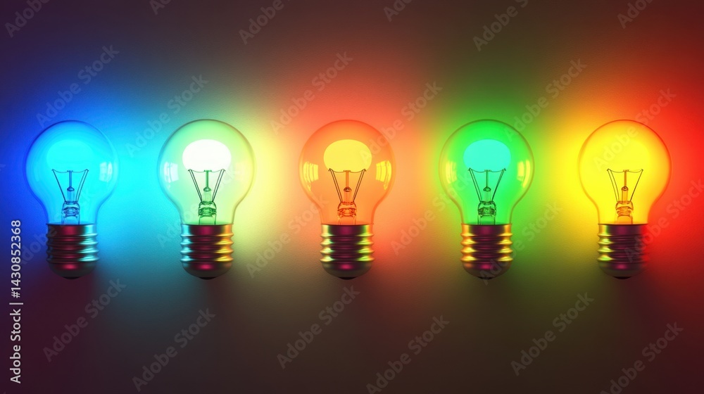 Five colorful light bulbs emit vibrant rainbow glows, a neutral background