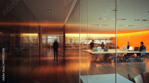 Obraz na płótnie A modern office with warm lighting shows people working and walking through glass-walled spaces w salonie