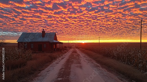 Farmhouse Sunset Serenity: A Vibrant Kansas Sky
