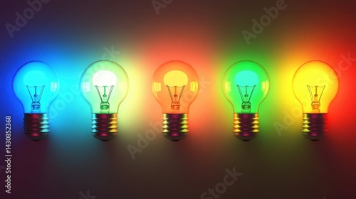 Obraz na płótnie Five colorful light bulbs emit vibrant rainbow glows, a neutral background w salonie