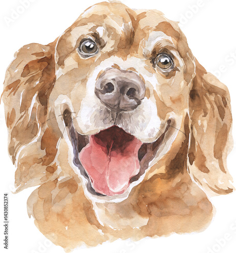 Watercolor Golden Retriever Dog Portrait. Hand Drawn Big Pet Breed