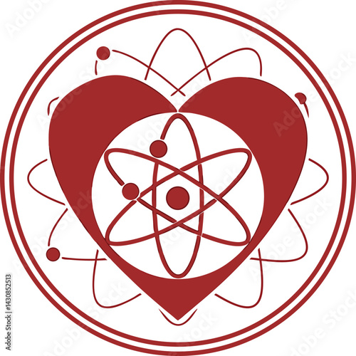 Red heart symbol, atomic structure, circular frame, minimalist design, Valentine's Day concept 