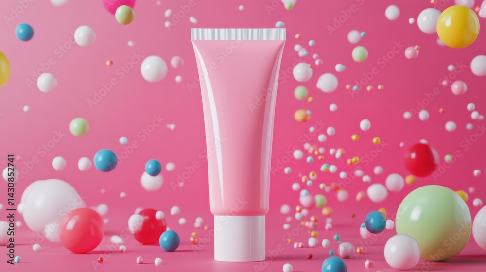 A pink cosmetic cream tube stands upright amid floating colorful spheres against a vibrant pink background