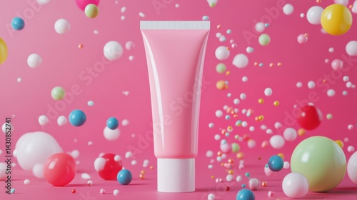 Obraz na płótnie A pink cosmetic cream tube stands upright amid floating colorful spheres against a vibrant pink background w salonie