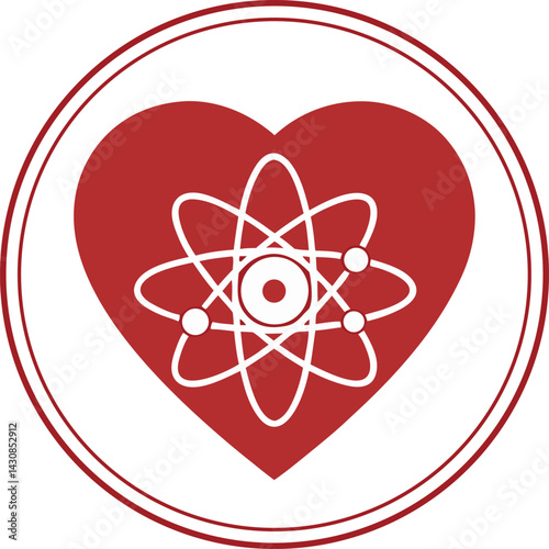 Red heart symbol, atomic structure, circular frame, minimalist design, Valentine's Day concept 