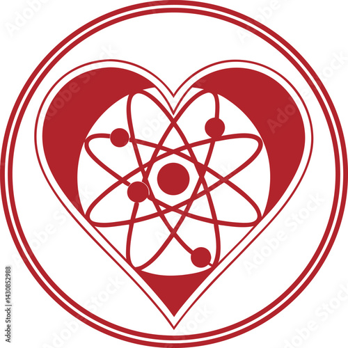 Red heart symbol, atomic structure, circular frame, minimalist design, Valentine's Day concept 