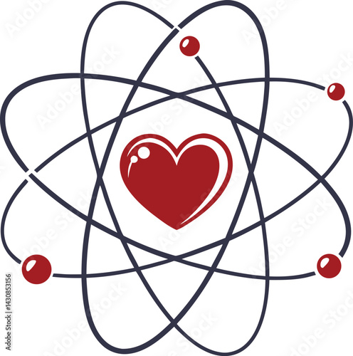 Red heart symbol, atomic structure, circular frame, minimalist design, Valentine's Day concept 
