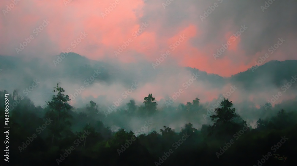 Misty mountain sunrise landscape art Misty mountain sunrise landscape art