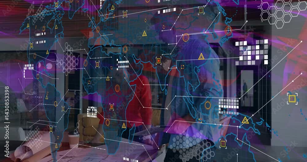 female architect leaning on desk, male engineer holding tablet, viewing global data overlay