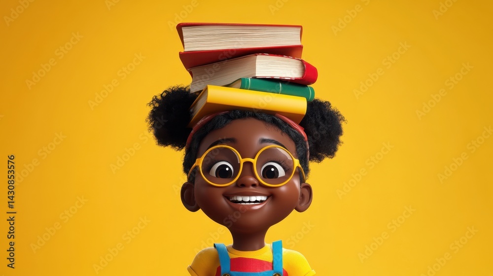 A cheerful animated girl with big round glasses balances a colorful stack of books, yellow background