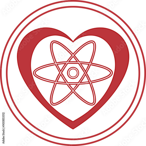 Red heart symbol, atomic structure, circular frame, minimalist design, Valentine's Day concept 