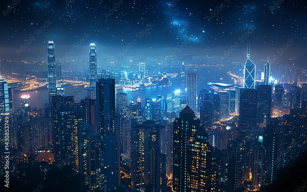 Fototapeta premium Illuminated metropolis at night with bright lights under the starry sky