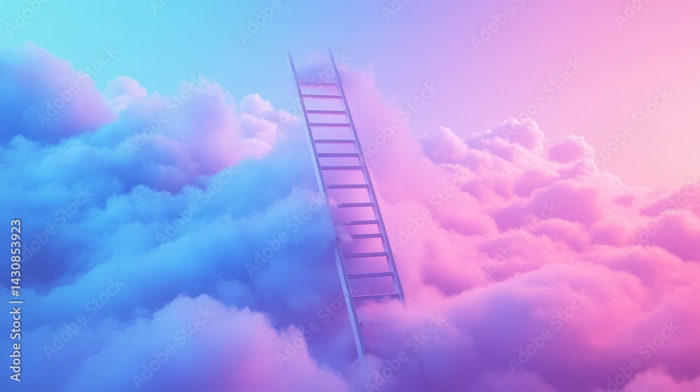 a ladder ascending into soft, colorful clouds in hues of pink, purple, and blue
