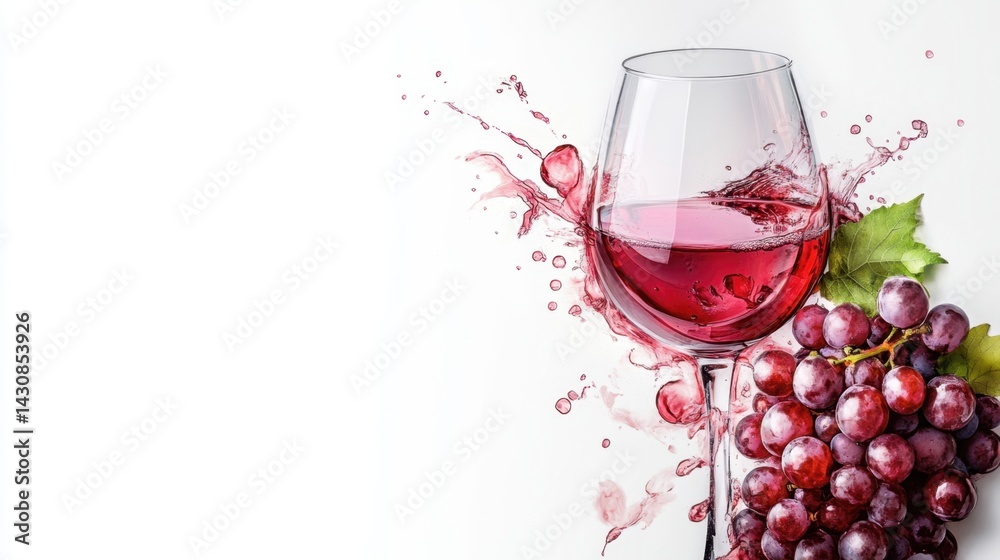 A glass of red wine with a splash effect and bunch of fresh red grapes on a clean white background