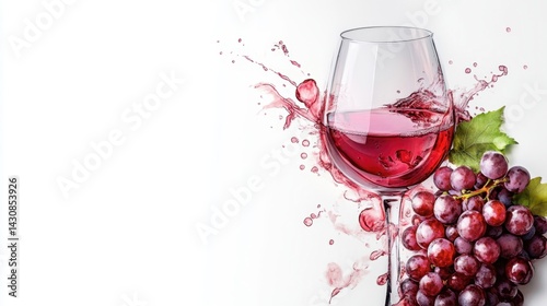 Obraz na płótnie A glass of red wine with a splash effect and bunch of fresh red grapes on a clean white background w salonie
