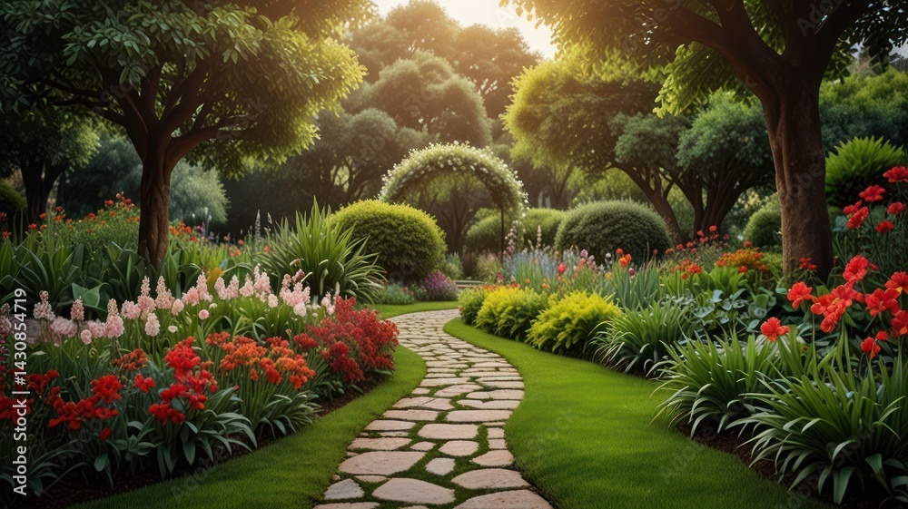 Fototapeta premium Sunlit garden path, colorful flowers, lush trees. Peaceful escape