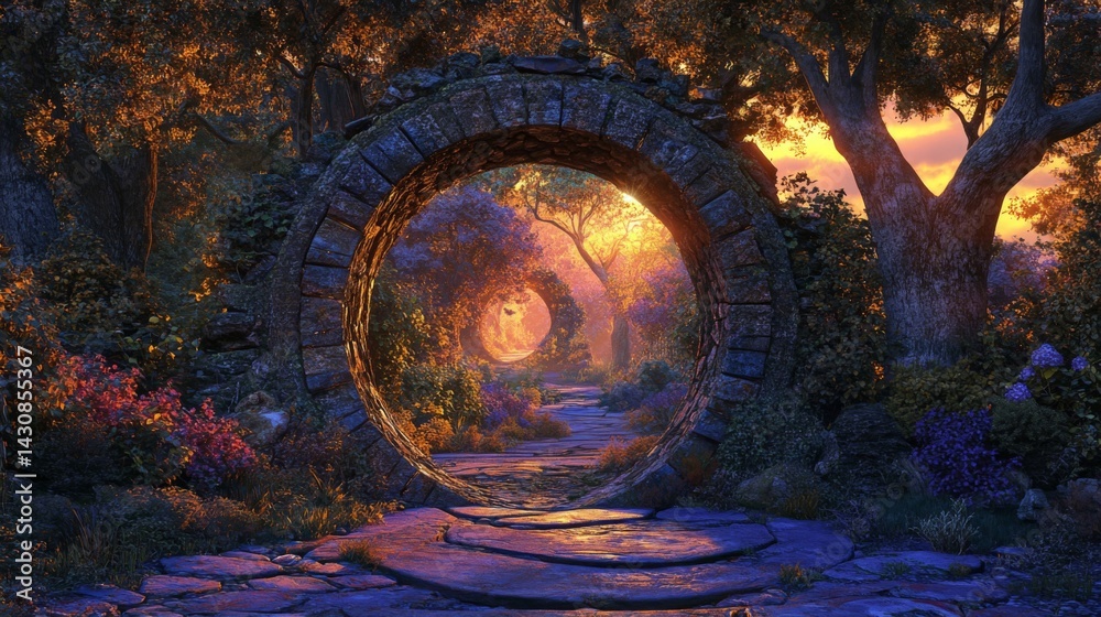Fototapeta premium Magical Stone Archway at Sunset in an Enchanted Garden