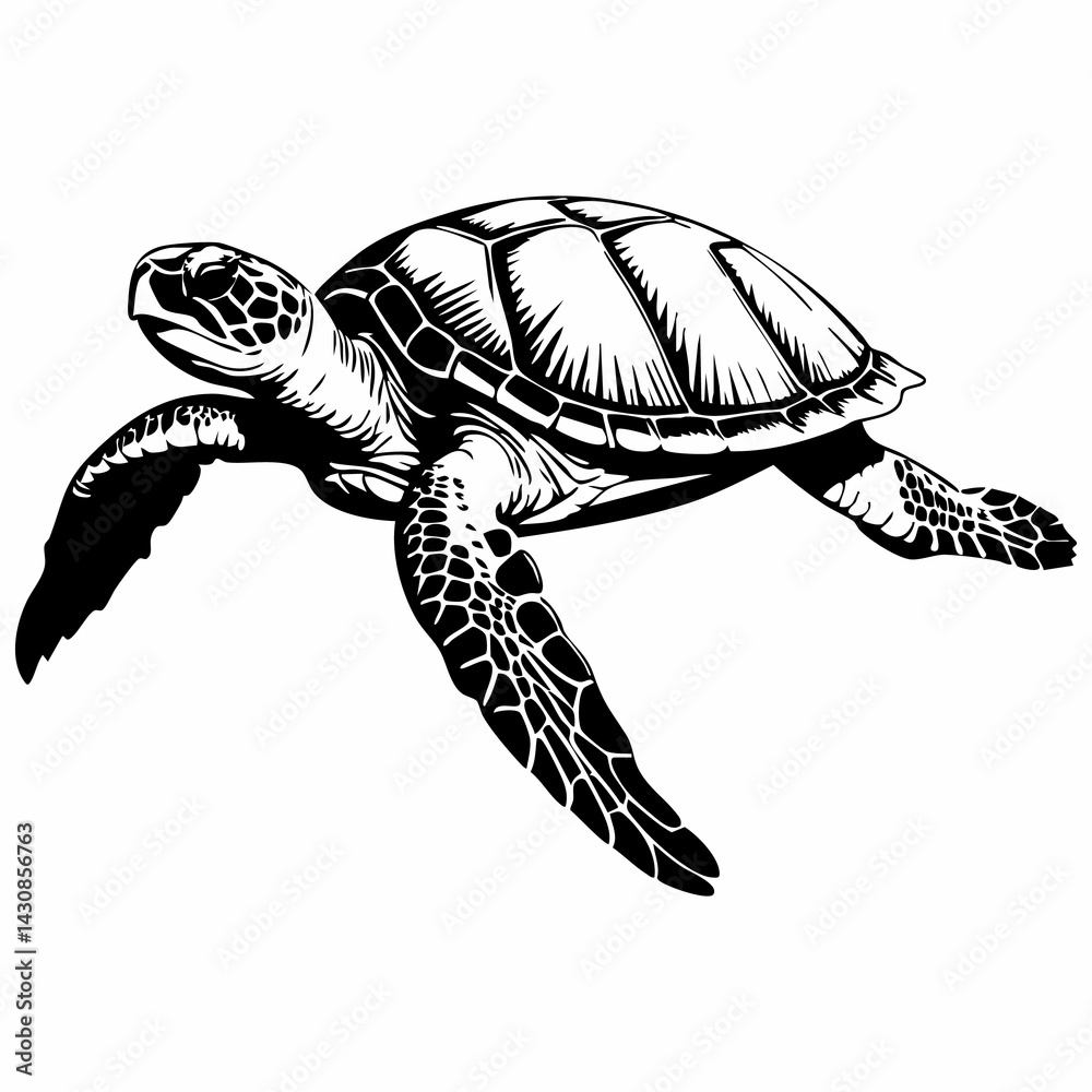 Fototapeta premium Detailed Sea Turtle Line Art Illustration on White Background for Design Elements.