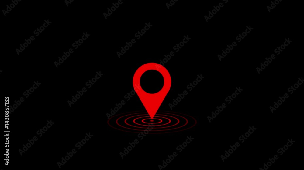 GPS location pointer animated with radio wave, location map pointer with pin icon and location animation on black background.