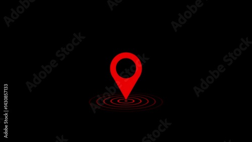 GPS location pointer animated with radio wave, location map pointer with pin icon and location animation on black background.