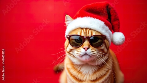 Cool Santa Claus cat with sunglasses and Santa hat on a red background