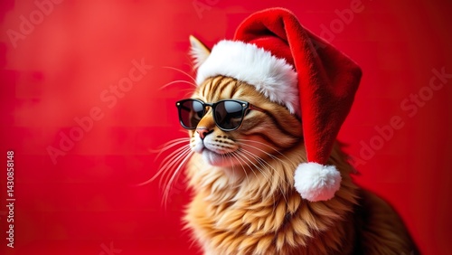 Cool Santa Claus cat with sunglasses and Santa hat on a red background