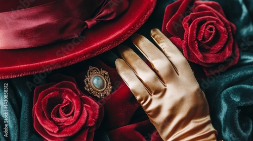 Gold Gloves and Red Velvet Hat with Roses