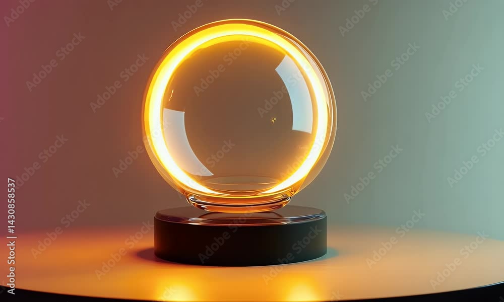  A glowing light ring on podium, hovering above an LED base. The circular shape is made from glass and has yellow lights inside it. It sits atop a table with its bottom resting against th