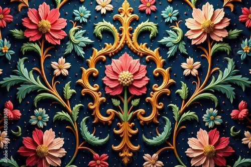 Intricate floral damask textile design, ornate detail, scroll, vintage, rococo