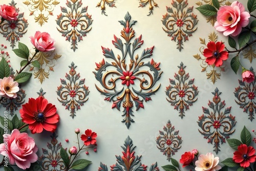 Intricate floral damask wallpaper in muted tones, interior design, seamless, fabric