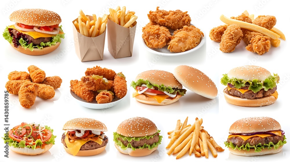 All Fast Food collection set, isolated on white background. Fried chicken, fries, hamburger, turkey, hotdog, sandwich, chicken nuggets, shawarma. Junk food of Fast Food set. Closeup of fast foods. All Fast Food collection set, isolated on white background. Fried chicken, fries, hamburger, turkey, hotdog, sandwich, chicken nuggets, shawarma. Junk food of Fast Food set. Closeup of fast foods.