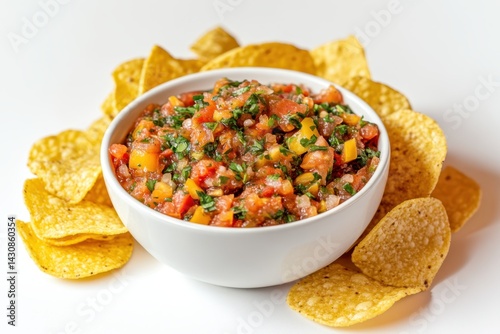 Bowl of salsa with tortilla chips around it