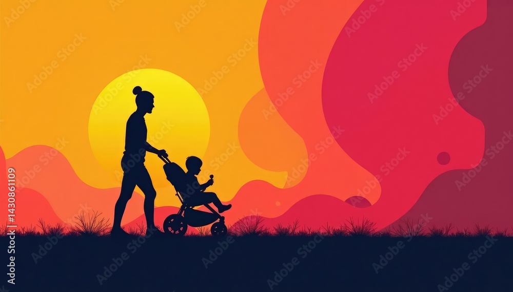 Fototapeta premium Modern minimalist stroller silhouettes, geometric shapes, child, room