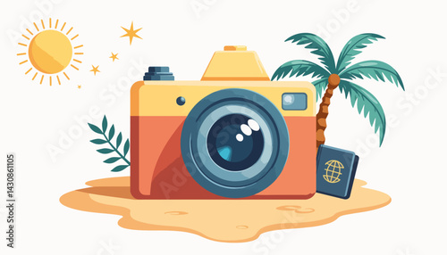 Colorful summer travel camera surrounded by palm trees, vacation vibes