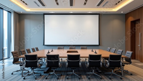 Business meeting setup in modern conference room with projector and video conferencing equipment