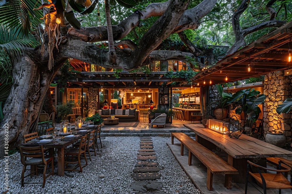 An extravagant villa with a lush outdoor dining area, featuring stone floors, large trees for shade, and a long wooden table, complemented by soft, warm lighting throughout An extravagant villa with a lush outdoor dining area, featuring stone floors, large trees for shade, and a long wooden table, complemented by soft, warm lighting throughout
