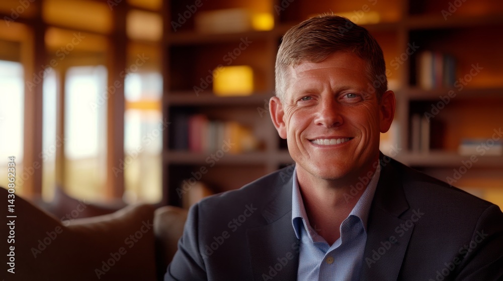 Fototapeta premium A smiling middle-aged man dressed in a crisp suit sits comfortably on a cozy sofa in a warmly decorated living room filled with bookshelves