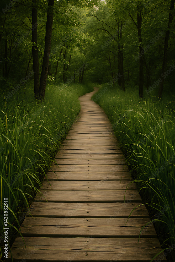 Obraz premium Wooden Pathway Through Lush Green Forest, Peaceful Nature Walk in Summer Landscape