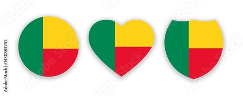 Free Download Benin national flag in a shape of circle, heart and shield isolated on white. Illustration - GFXLoad