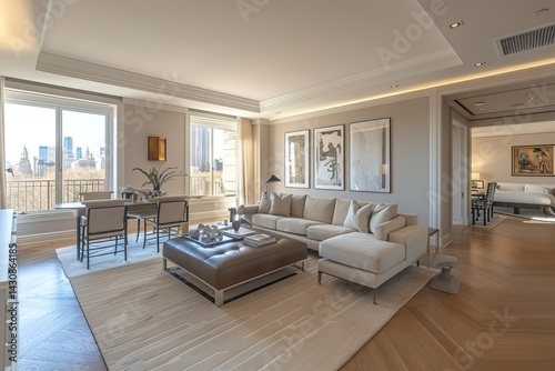A chic and modern apartment with a neutral color scheme, minimalist furniture, and carefully selected art pieces, paired with state-of-the-art appliances and a cozy atmosphere