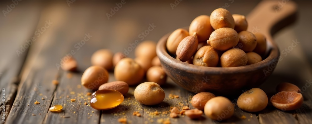 Close-up of argan oil nuts on a rustic wooden table, natural, healthy, gourmet Close-up of argan oil nuts on a rustic wooden table, natural, healthy, gourmet