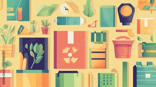 Recycling and waste management illustration with various items.