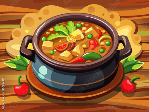 vector of Vegetable stew with mixed vegetables served in a black clay pot under a wooden base
