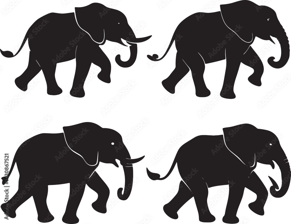 Naklejka premium Set of different type Elephant running silhouette vector illustration isolated on white background